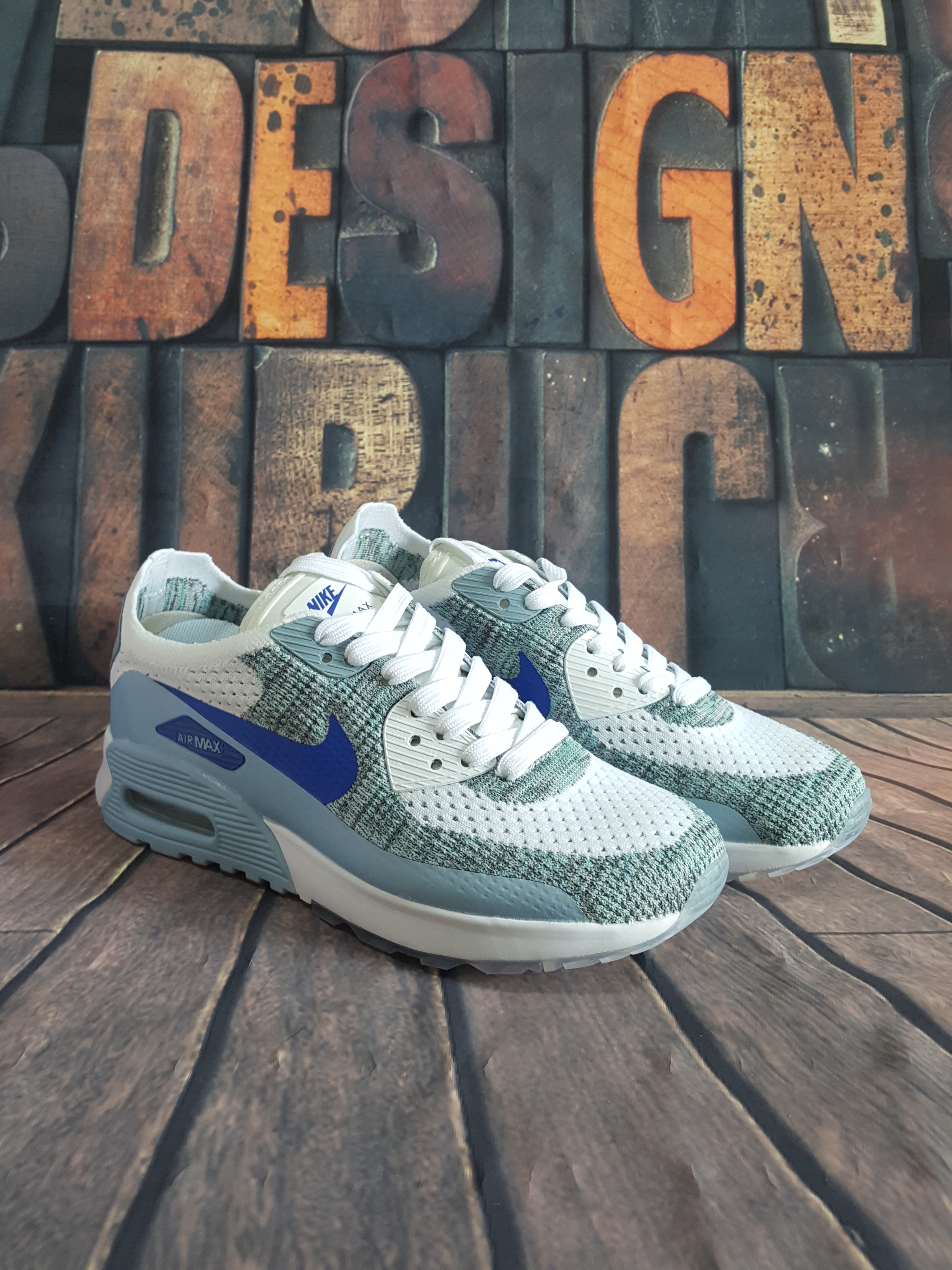 Nike Air Max 90 Flyknit White Grey Blue Shoes - Click Image to Close